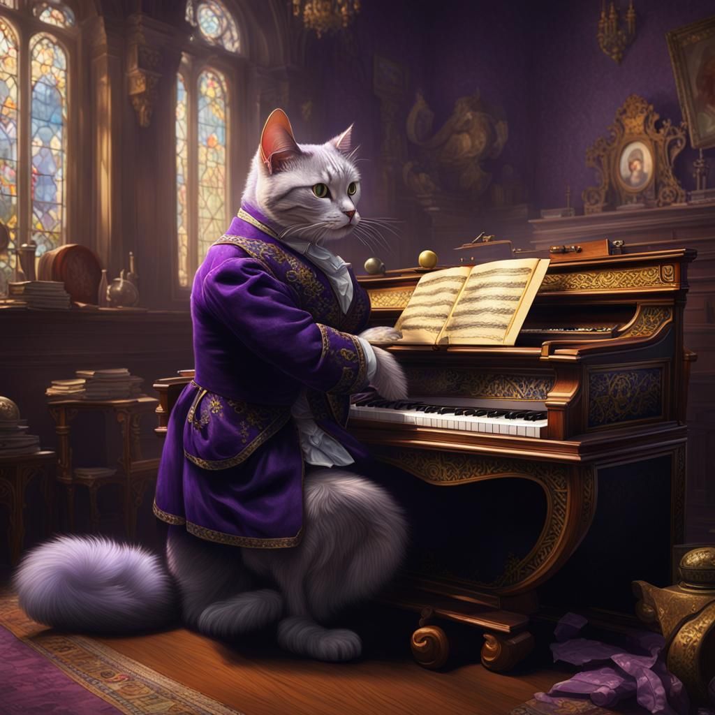 Edwardian Cat Harpsichord Player: Fantasy Art