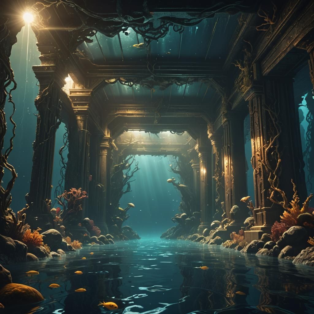 Eerie Sunlit Underwater Passage: Detailed Digital Rendering