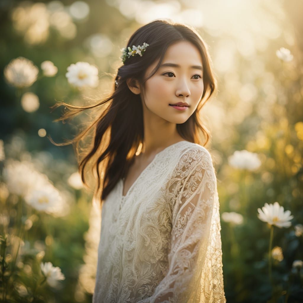 Serene Woman in Vibrant Garden with Golden Light