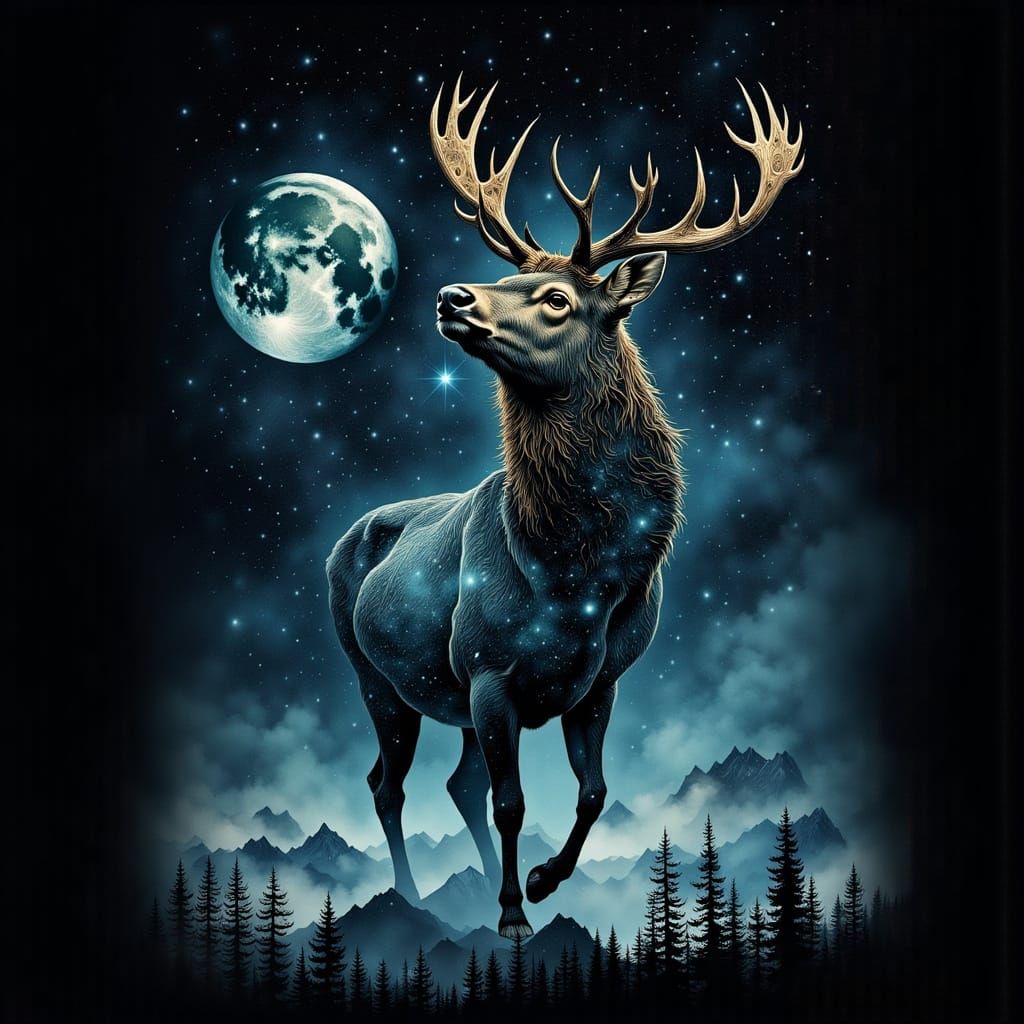 Majestic Stag Double Exposure Illustration in Moonlight