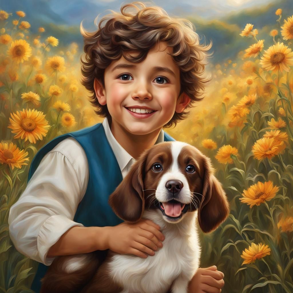Joyful Boy with Puppy in Fantasy Artscape