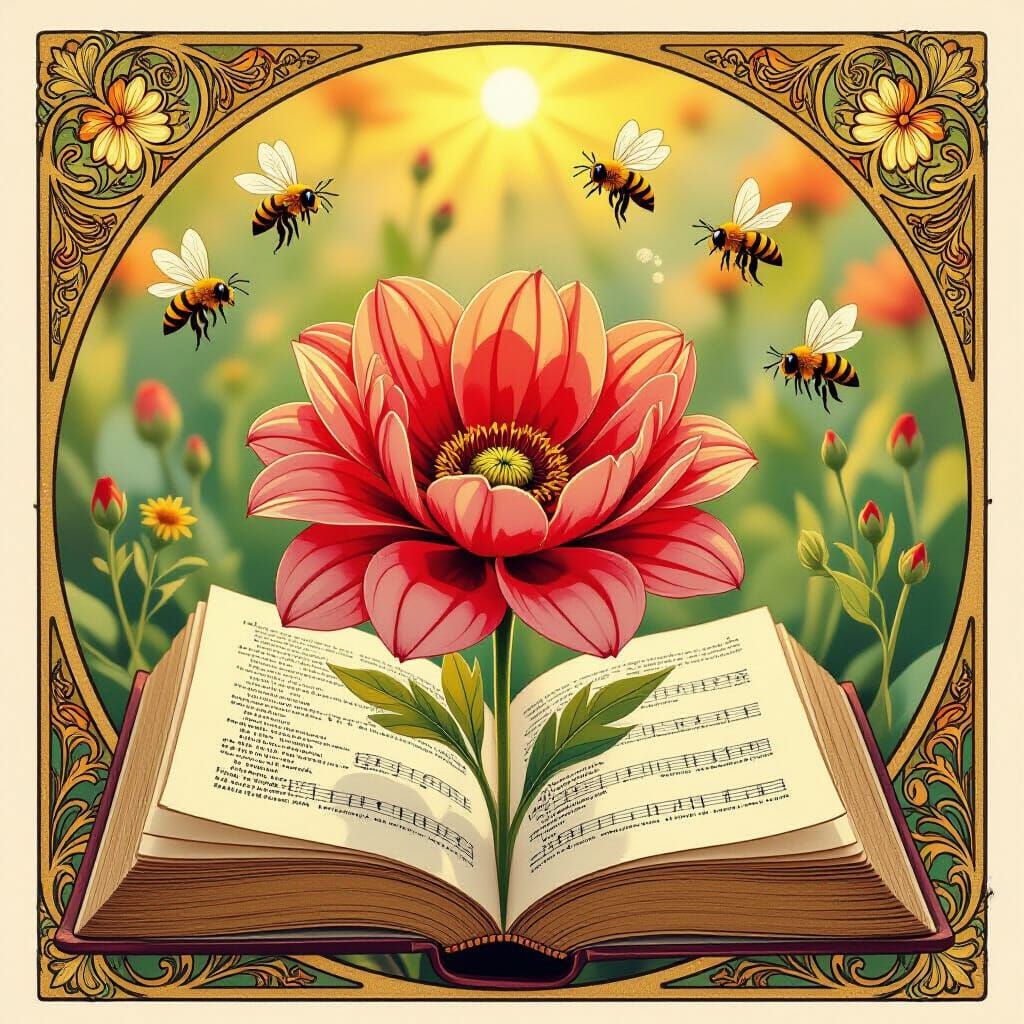Art Nouveau Pressed Flower in Old Book with Ethereal Bees