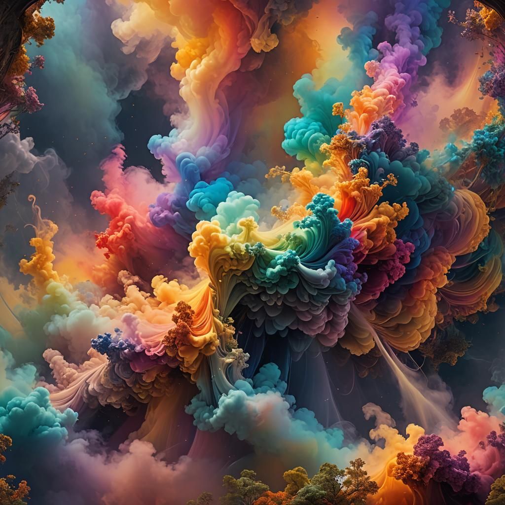 Dreamlike Fractal Landscape with Rainbows and Smoke