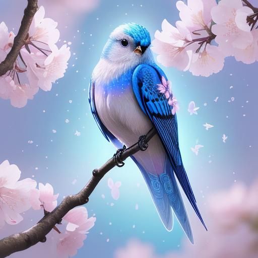 Electric Blue Bird in Cherry Blossom Tree