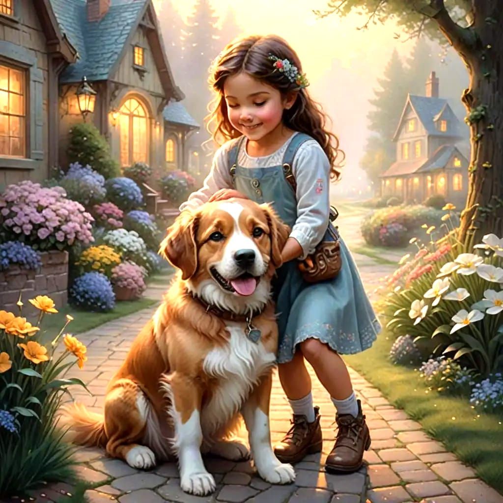 Joyful Girl and Her Loyal Companion in Ethereal Fantasy
