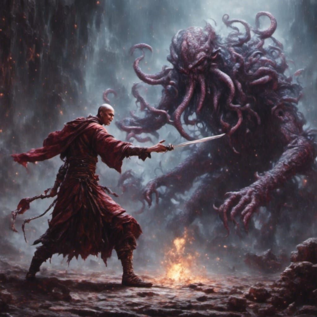 Gritty Warrior Monk vs. Mind Flayer