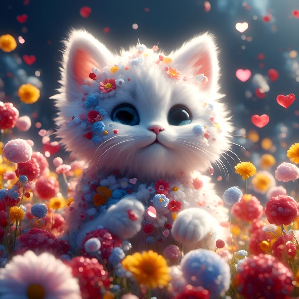 Kitten Surrounded by Hearts and Flowers in 3D Style