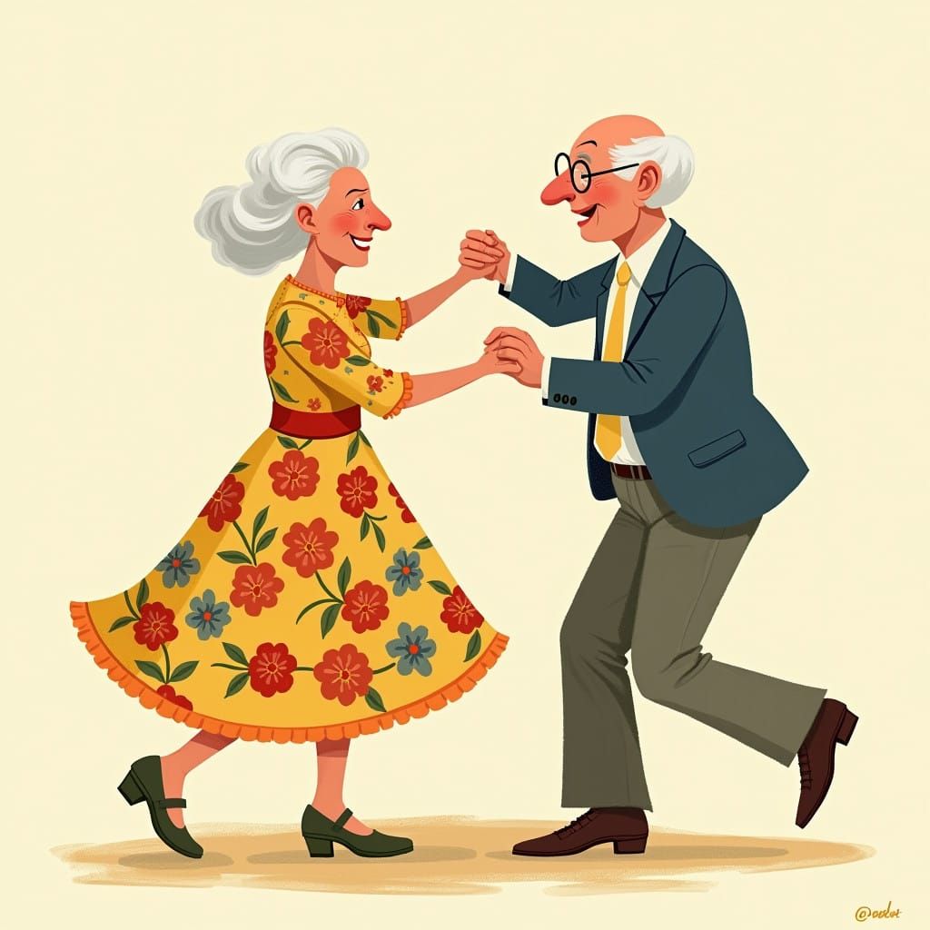 Whimsical Couple Dancing in Folk Art Style