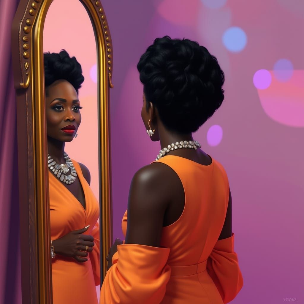 Ebony Woman Gazing into Kaleidoscopic Mirror