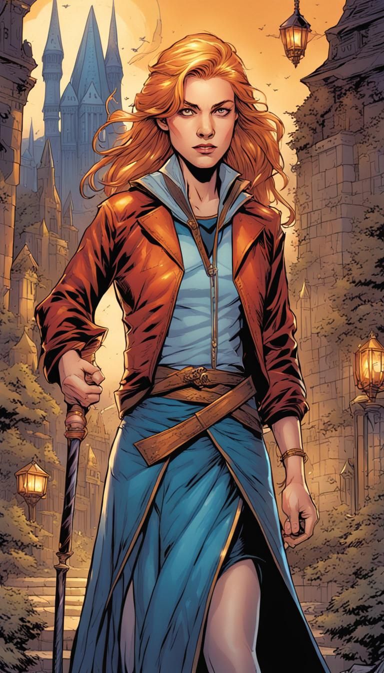 Beautiful female wizard. Reddish-blonde hair. Fantasy setting. Pencil skirt slit up the side. Bare midriff. Twenty years...