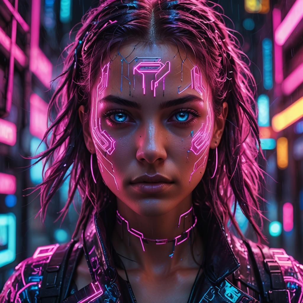 Cyberpunk Neon Portrait of a Girl in City Alley