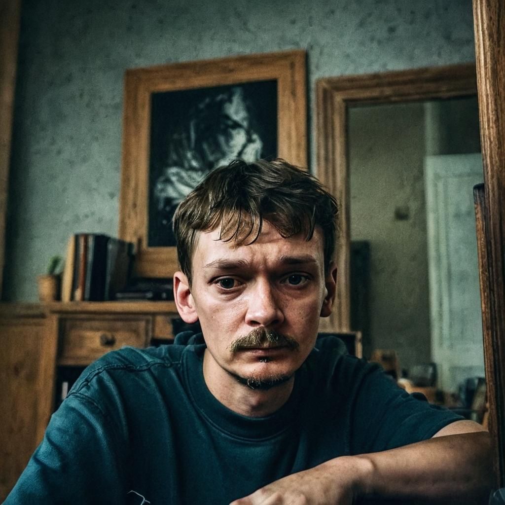 Man in Dimly Lit Office Reflects Sadness