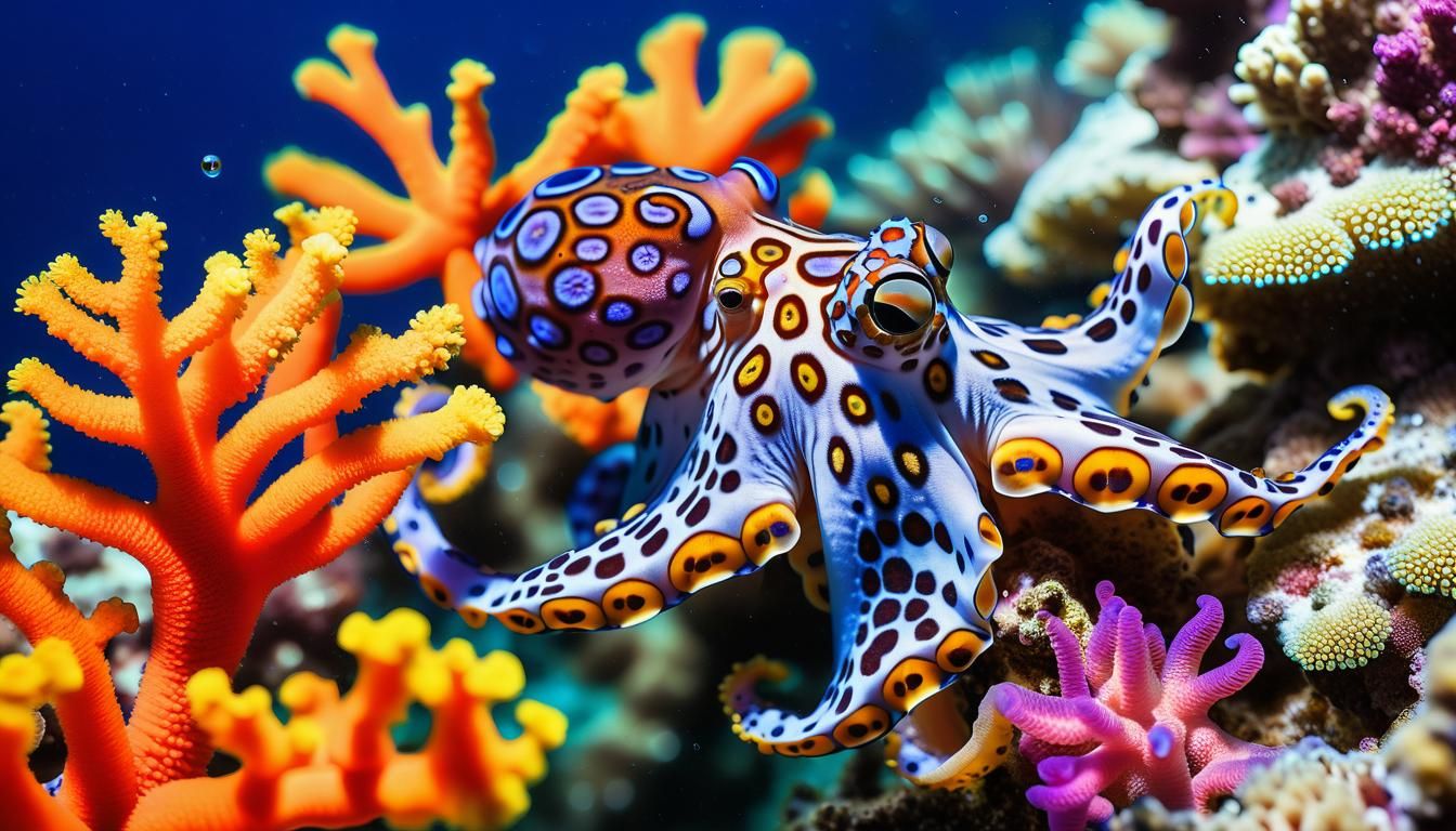 Blue-Ringed Octopus in Vivid Coral Reef Splash Art