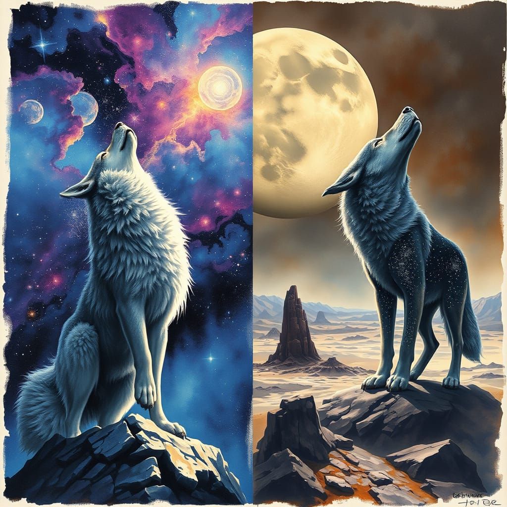Celestial Wolf Between Nebula and Barren Planet