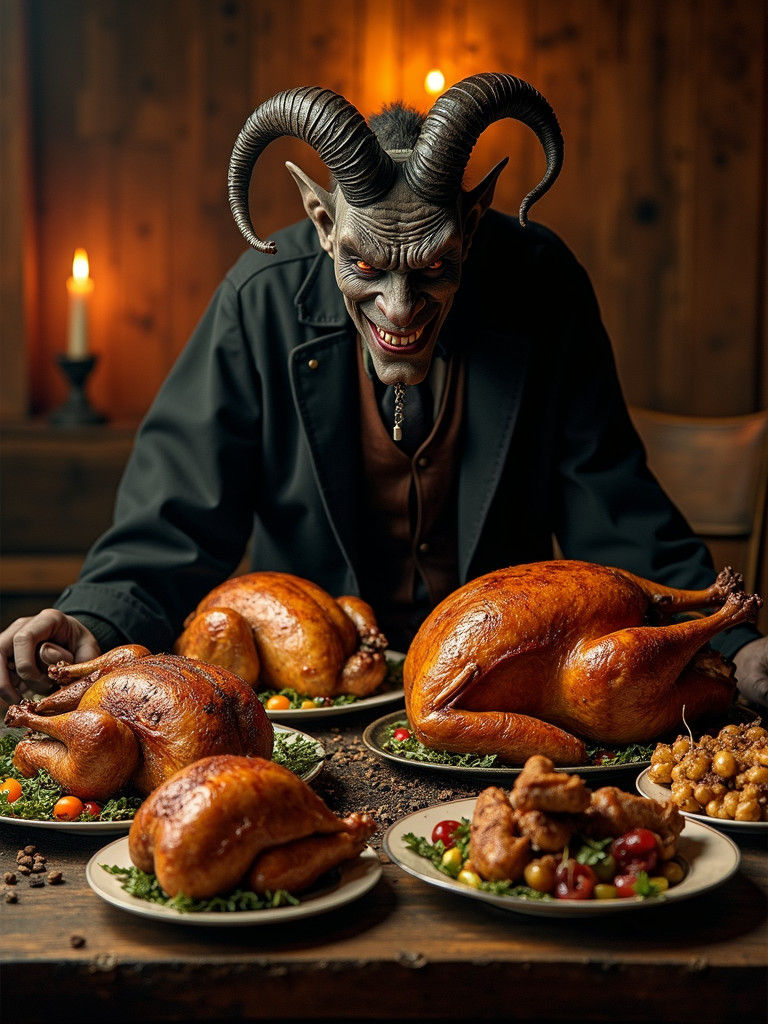 Delectable Poultry Feast with Devil in Gothic Style
