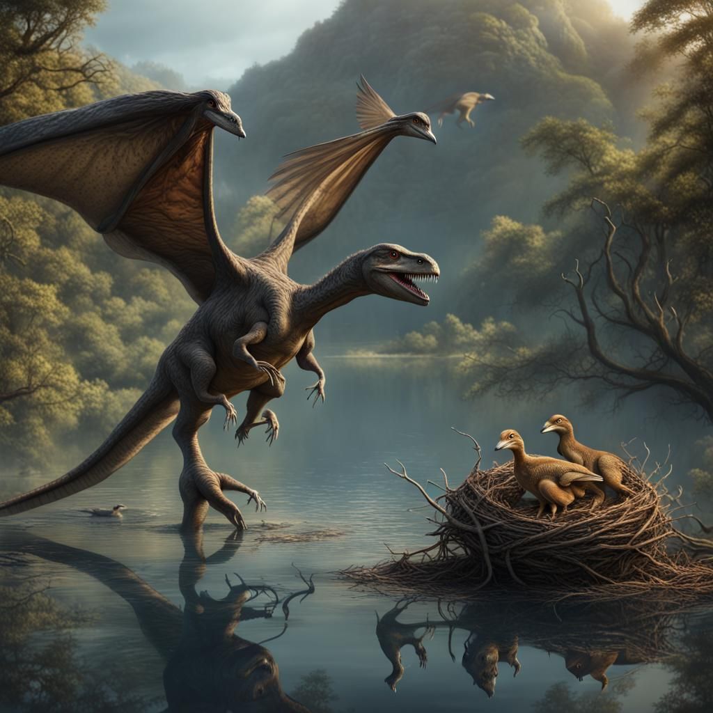 Dinosaur Era Pterodactyl Nest on a Lake