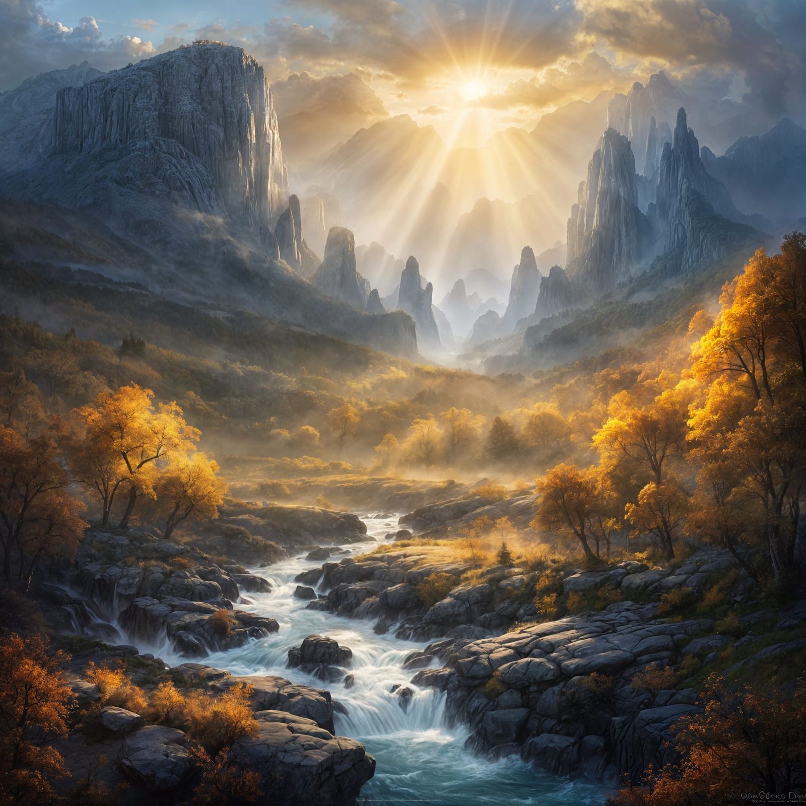 Majestic Fantasy Valley at Dawn with Glowing River