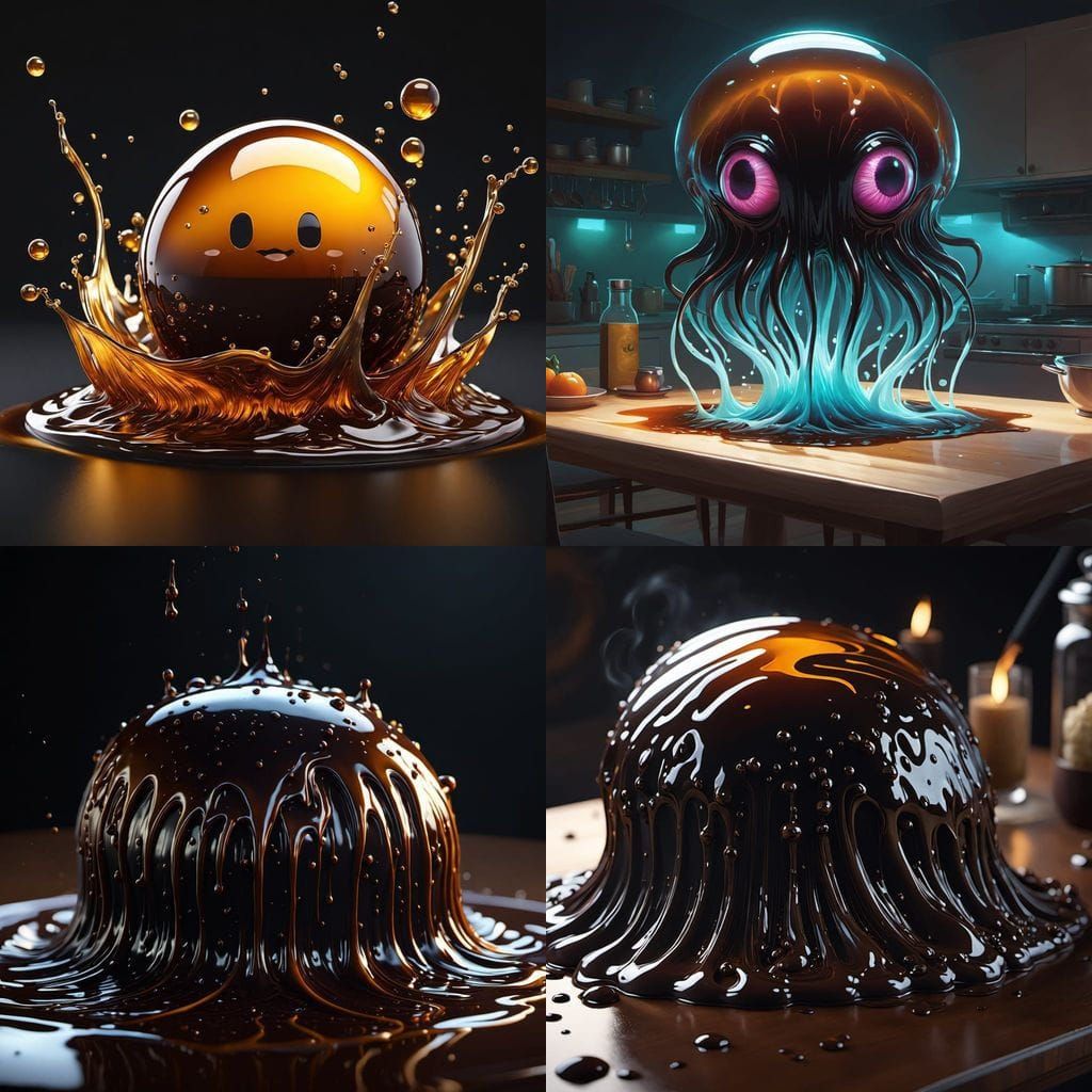 Molasses Blob Creature Waves from Kitchen Table, Digital Art