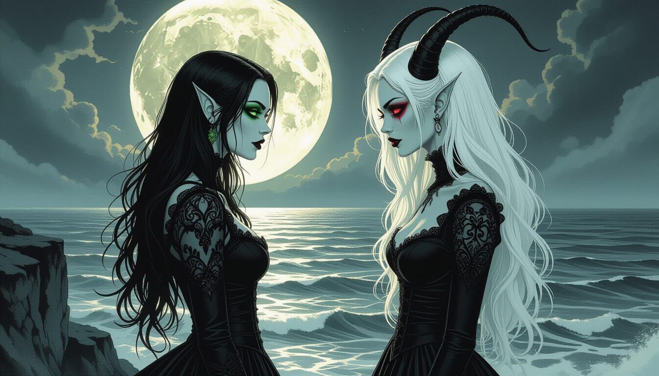 Goth Vampire and Demon on Cliff Overlooking Sea