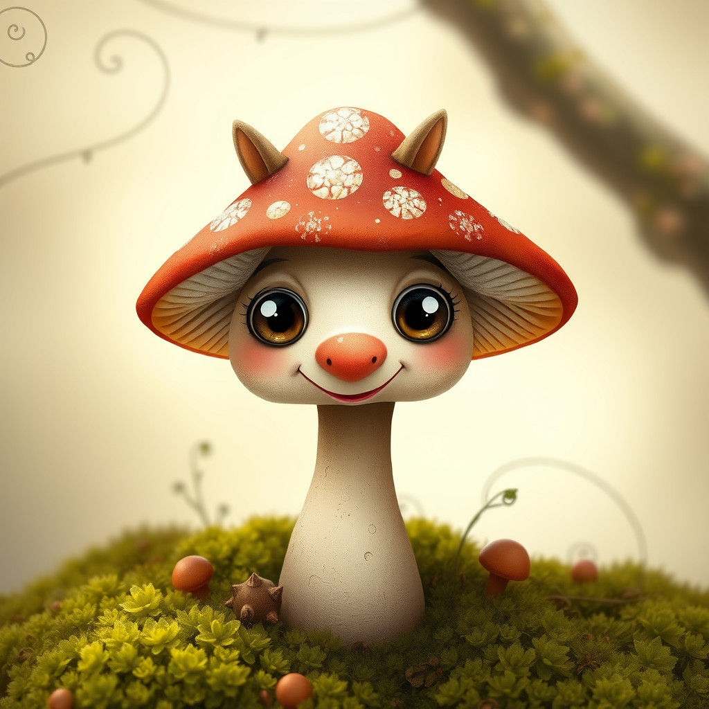 Anthropomorphic Mushroom with Shimmering Eyes, Fantasy Art