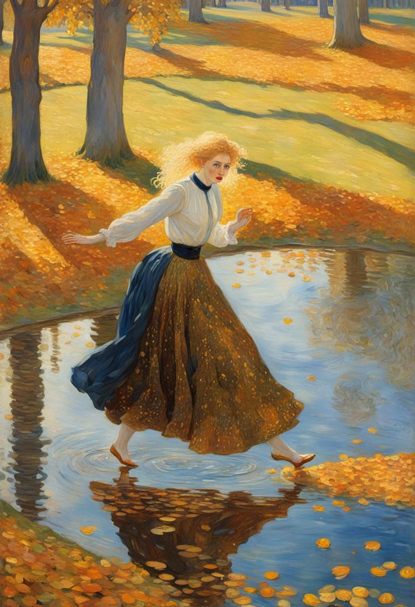 Edwardian Woman in Autumn Park, Klimt Impressionism