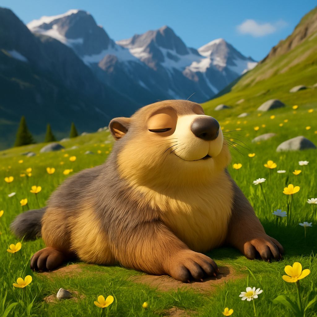 Sunbathing Marmot in Alpine Meadow: 3D Cartoon