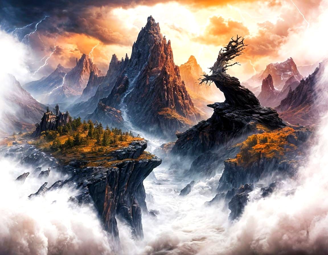 Stormy Fantasy Mountain Landscape with Lightning and Crow