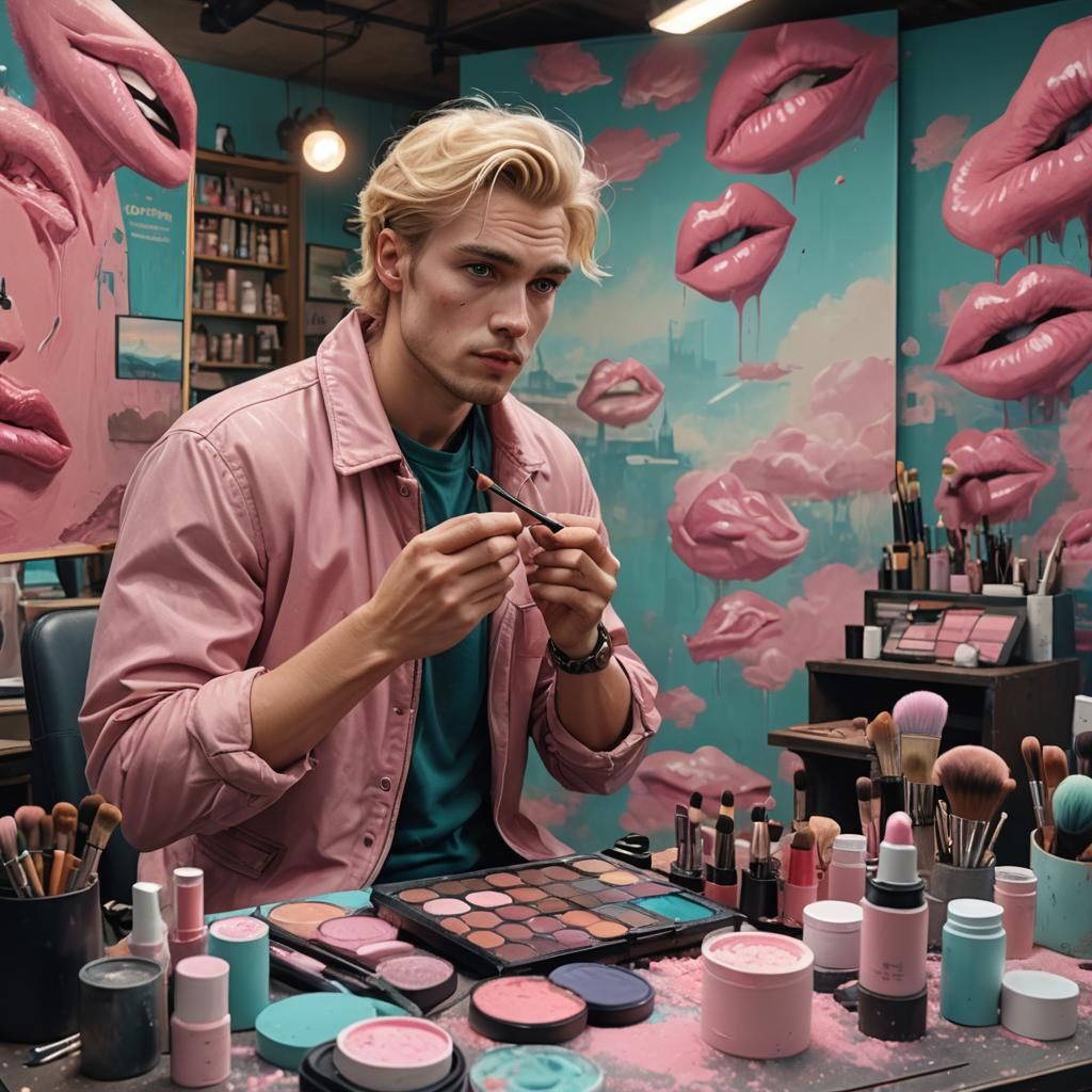 Youthful Man Applies Makeup in Matte Painting Style