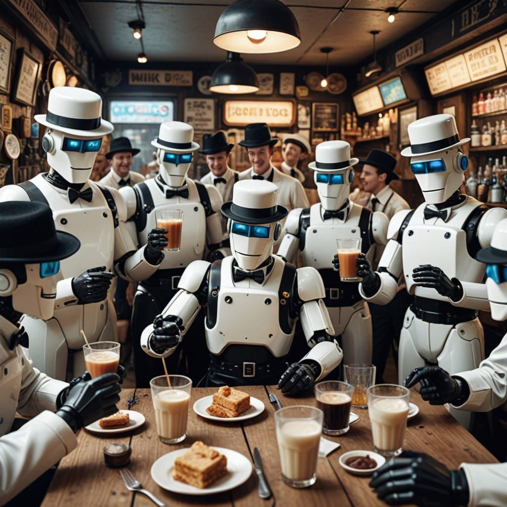 Robots Gather in Futuristic Milk Bar Elegance