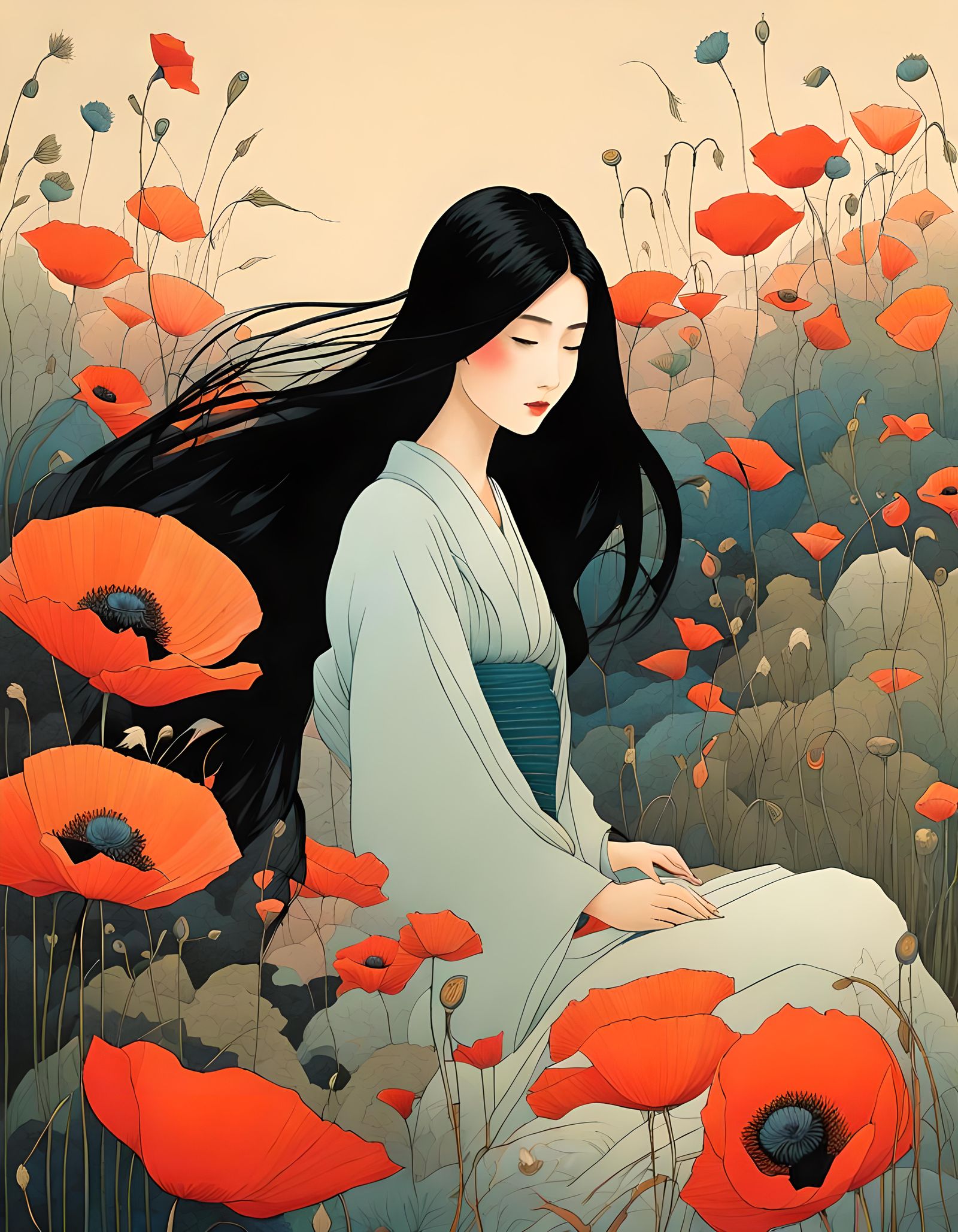 Woman in Japanese Garden with Poppies, Watercolor Style