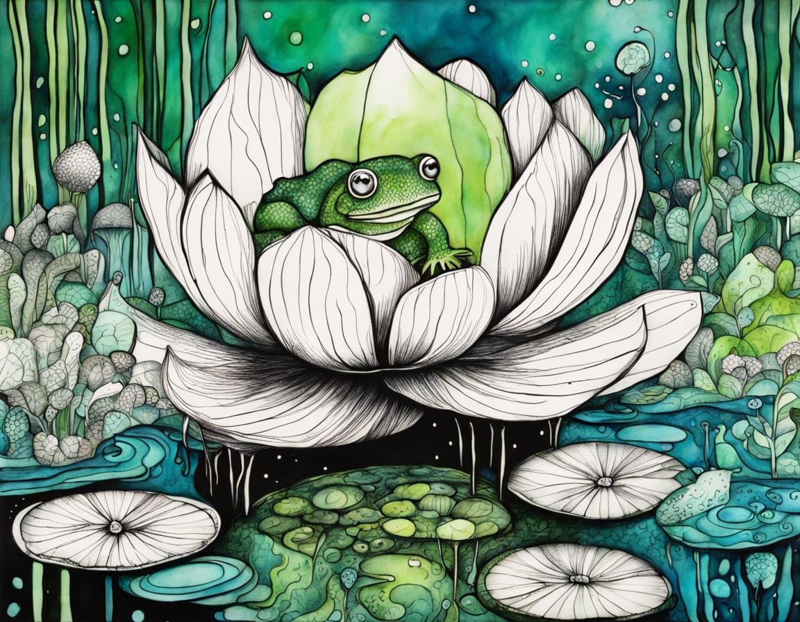 Whimsical Surrealist Pond Scene with Playful Toads