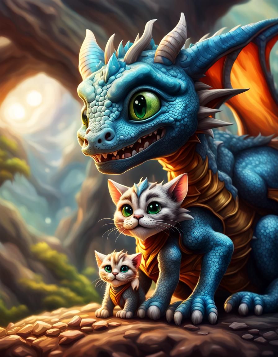 Cute Baby Dragon and Cat Portrait
