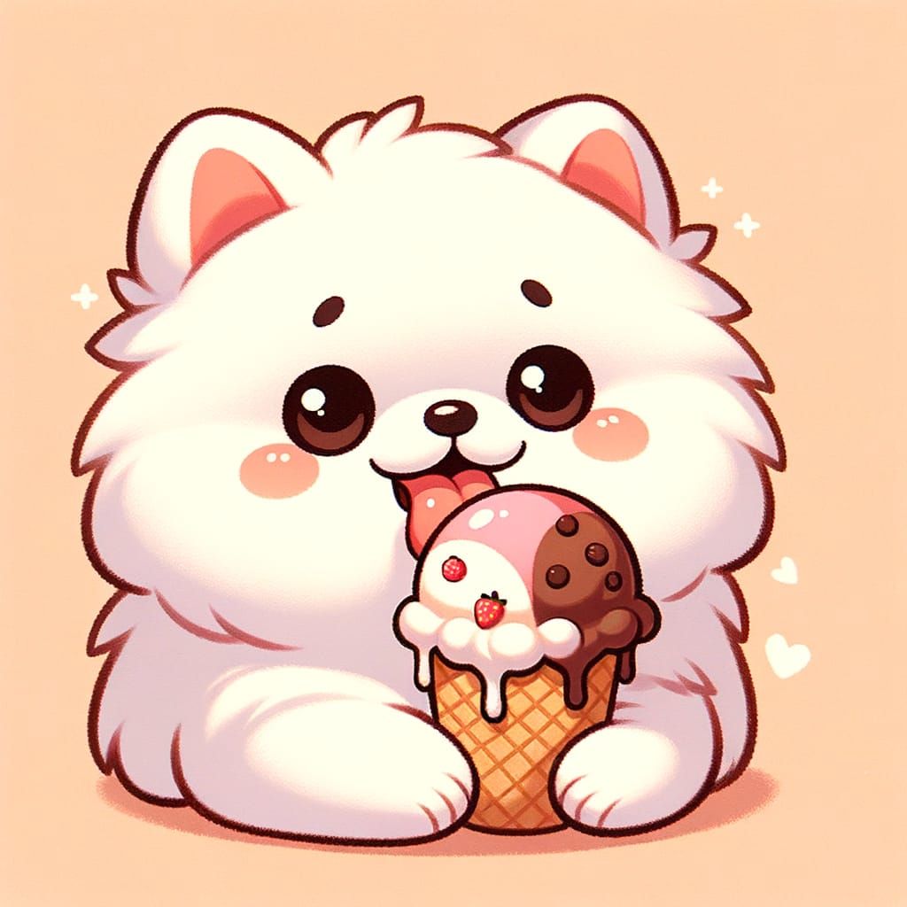 Anthropomorphic Pomeranian Licking Dripping Neapolitan Ice C...