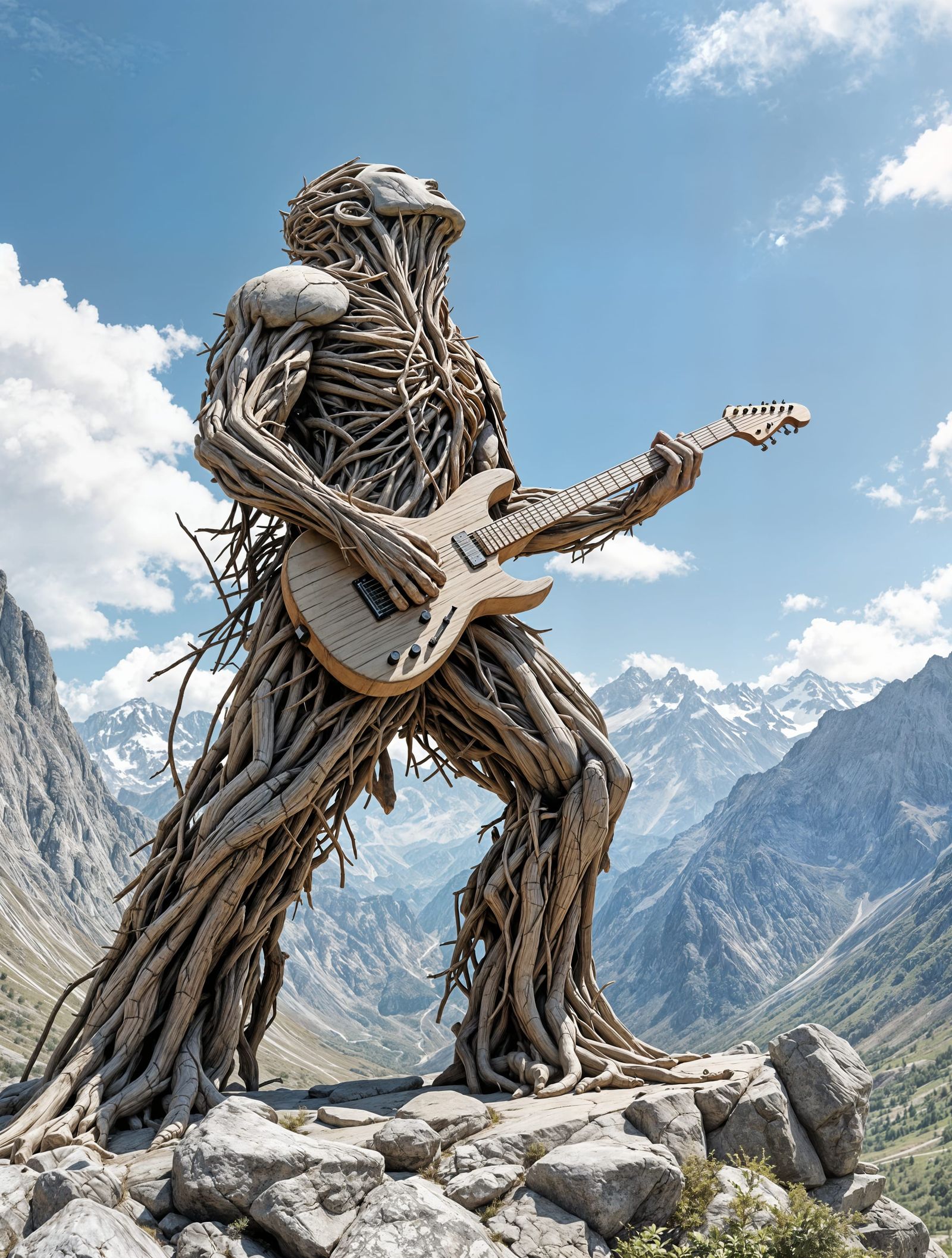 Rocky Musician Plays Electric Guitar Under Bright Daylight