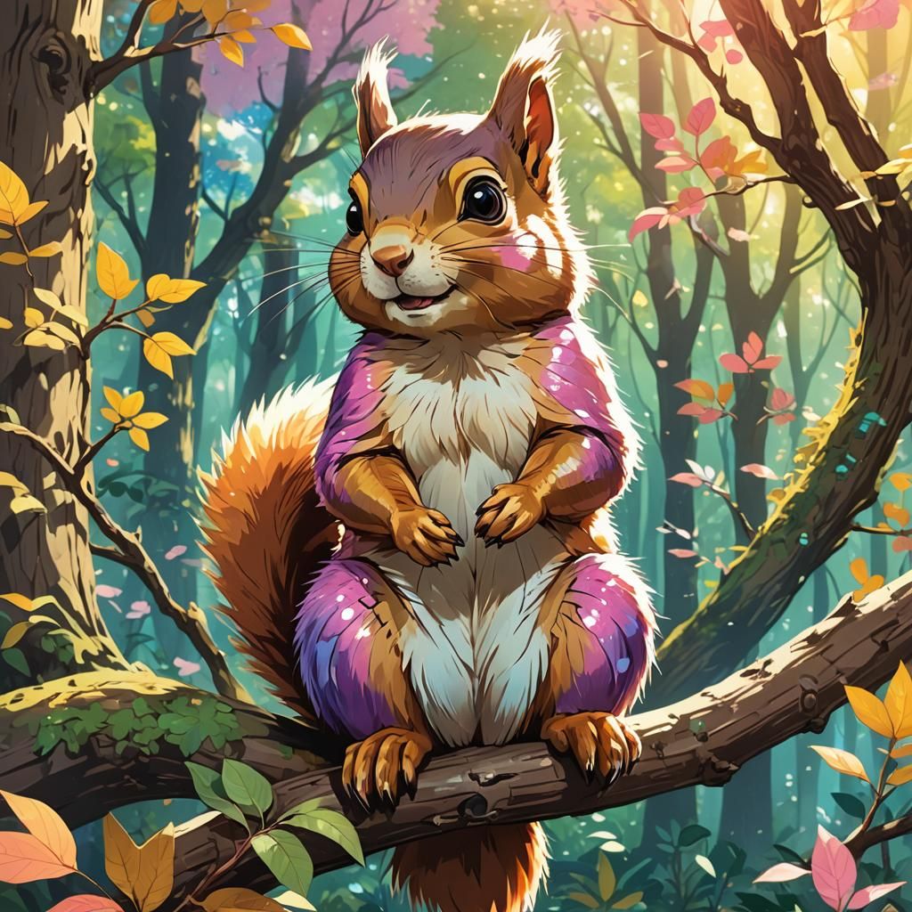 Anime Squirrel in Fantastical Forest Illustration