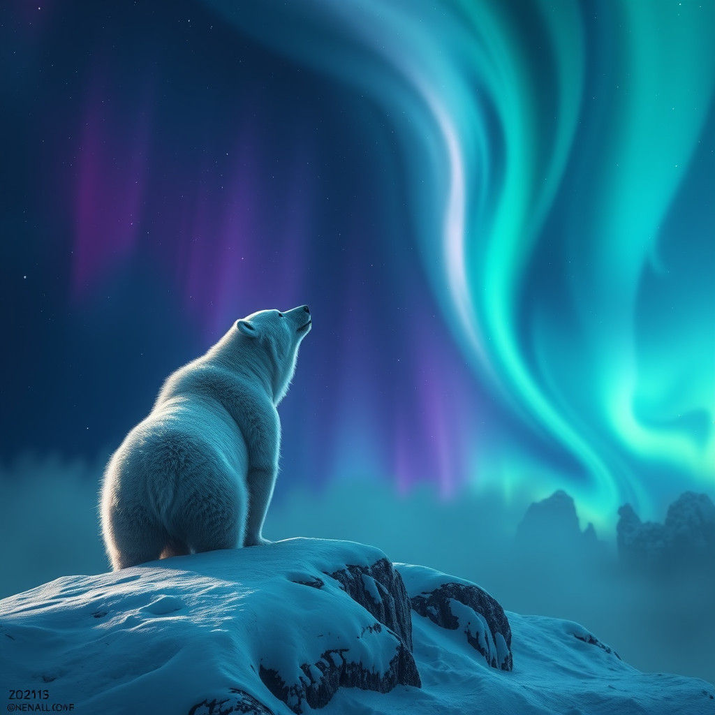 Polar Bears Gaze at Northern Lights Display