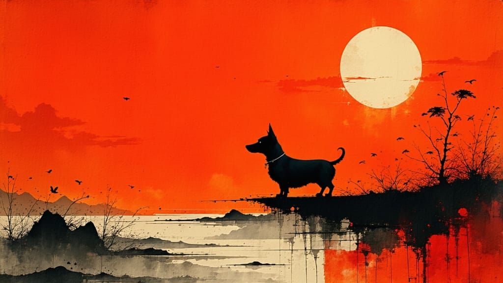 Minimalist Ink Sketch of Dachshund Puppy Under Red Moonlight