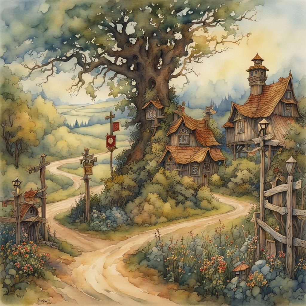 Magical Crossroads in Arthur Rackham Watercolor Style