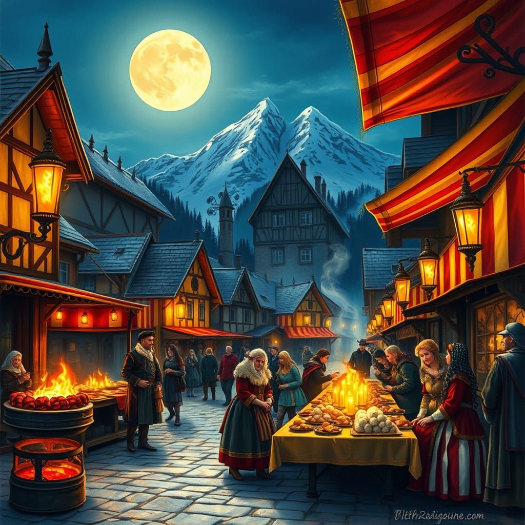 Whimsical Alpine Night Market under a Misty Moonlit Sky