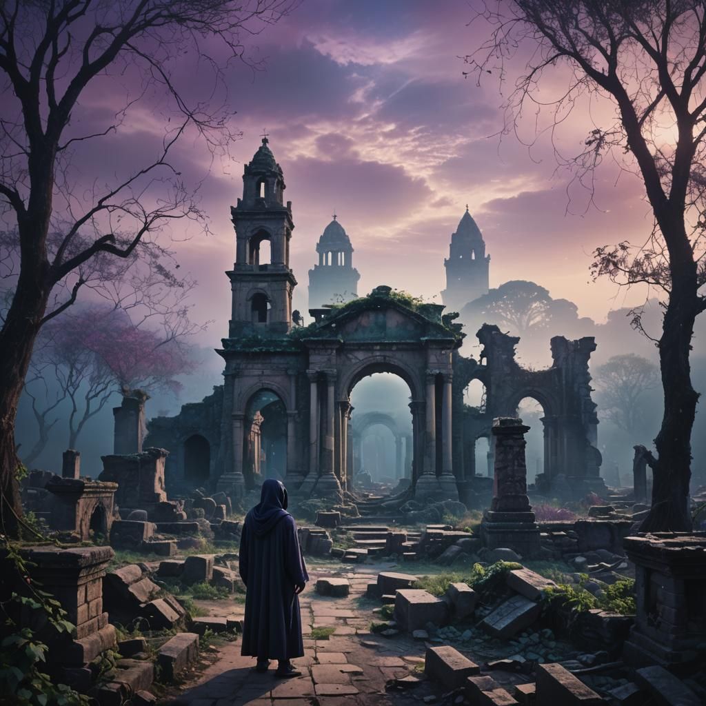 Hooded Figure in Ancient Ruins: High Fantasy Art