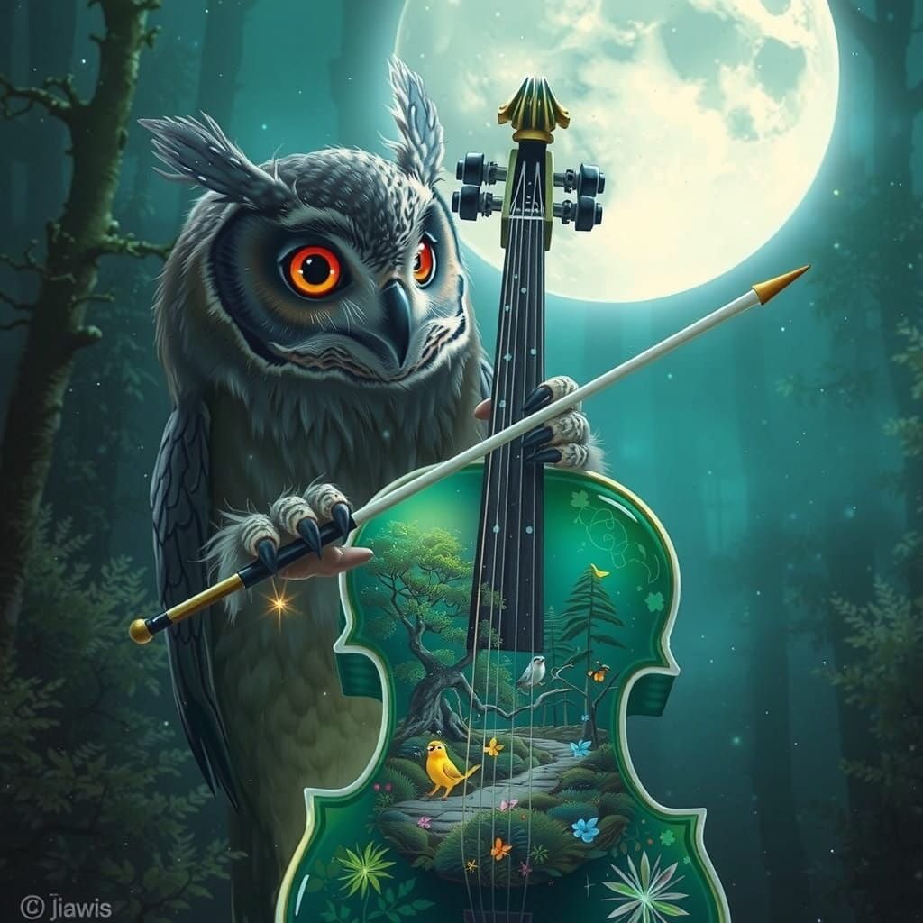 Moonlit Owl Plays Crystal Cello in Enchanted Forest