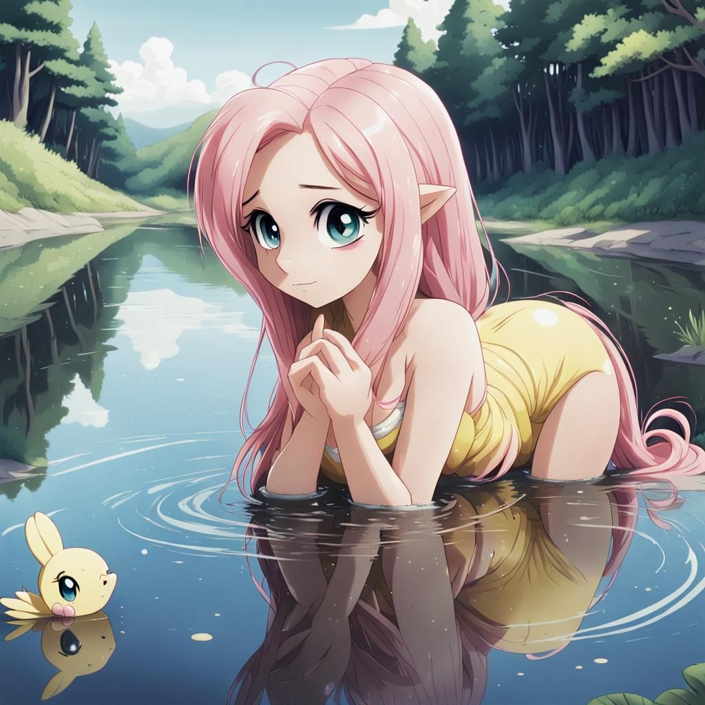 Fluttershy Reflects in Anime Style Lake