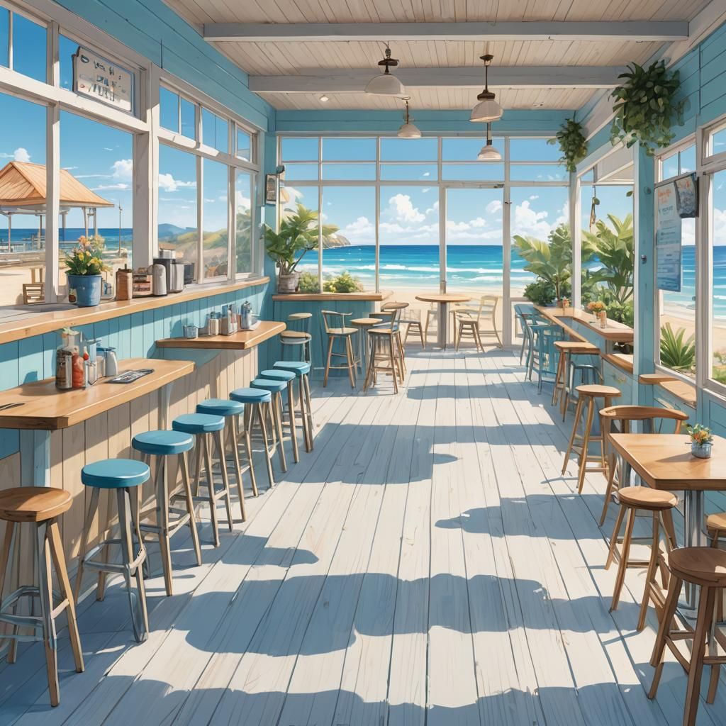 Charming Beachside Cafe Interior in Anime Style