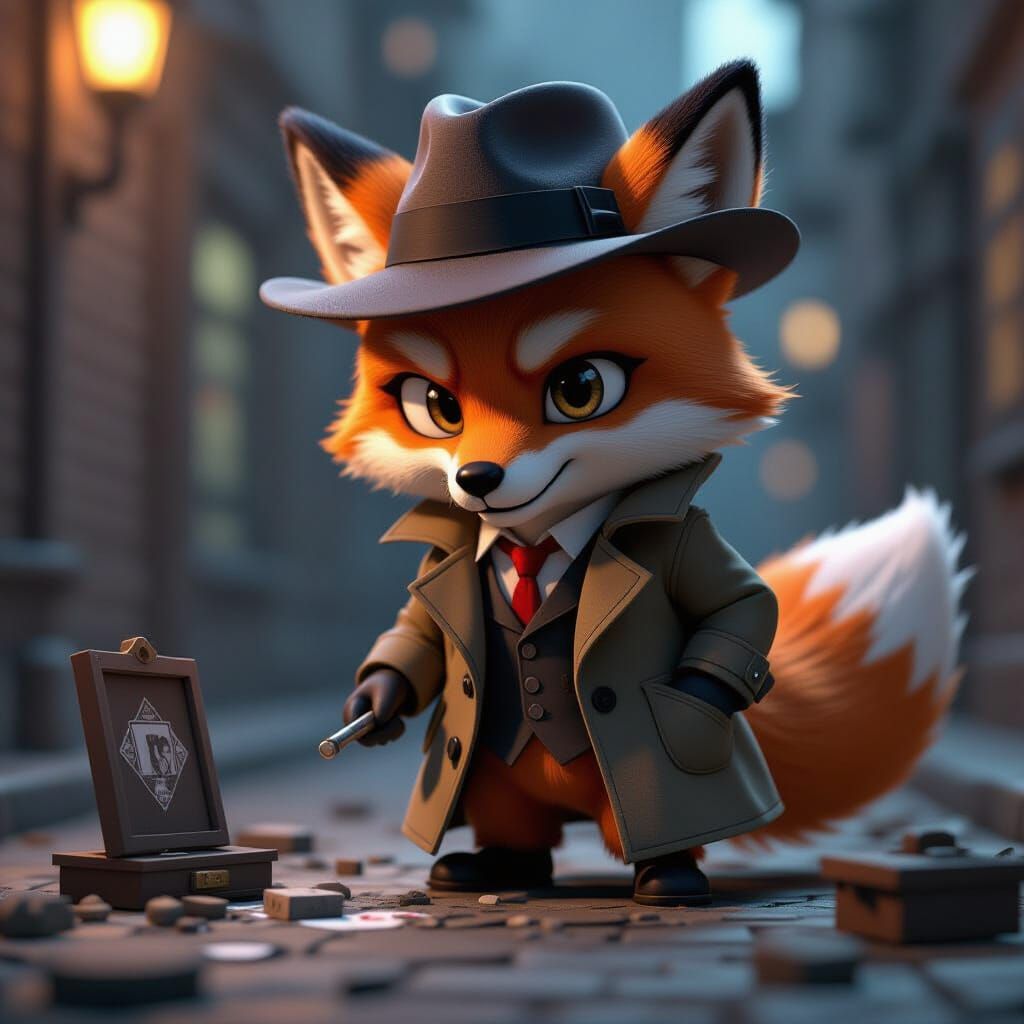 Anthropomorphic Fox Detective Investigates Miniature Crime S...