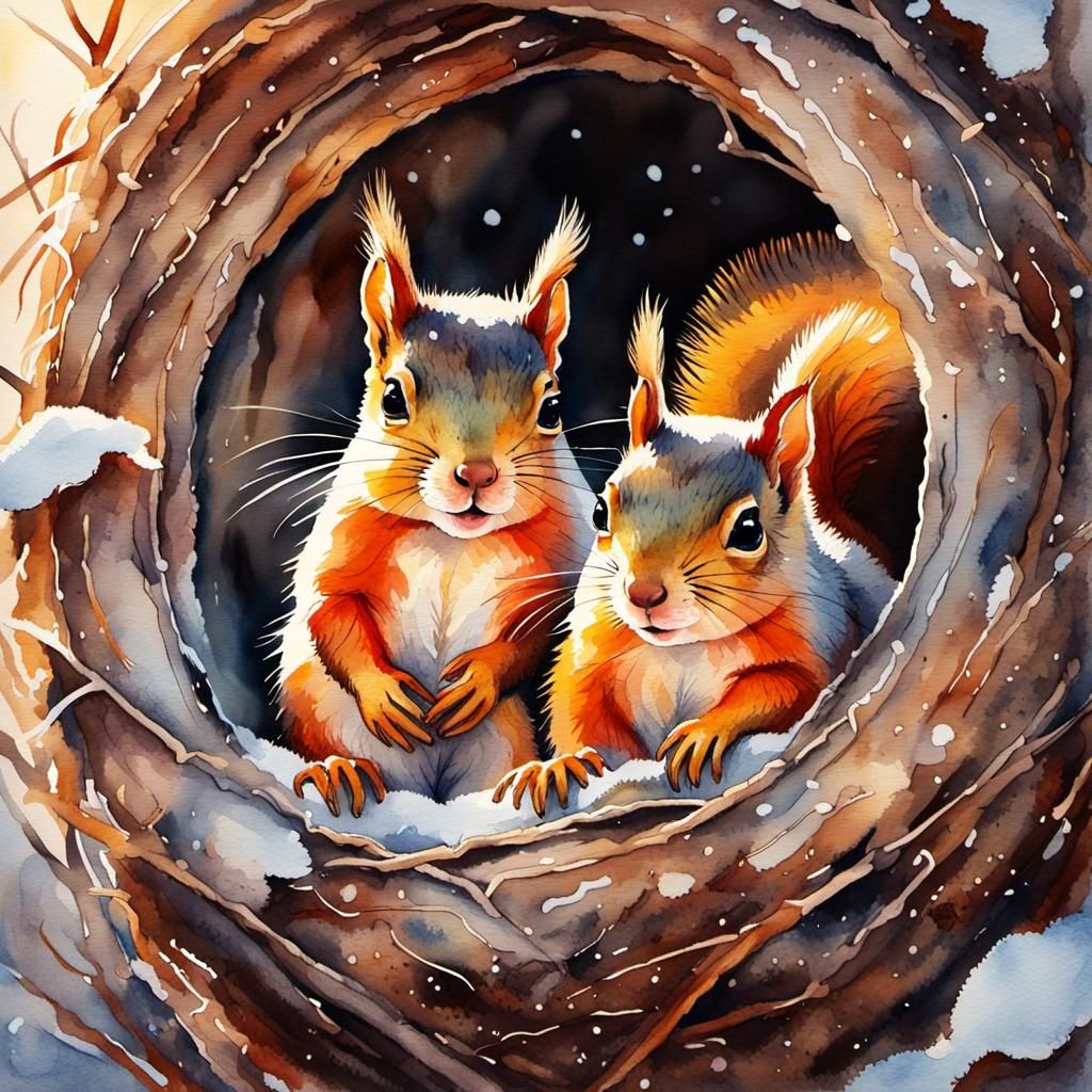 Squirrels Snug in Nest, Watercolor Painting