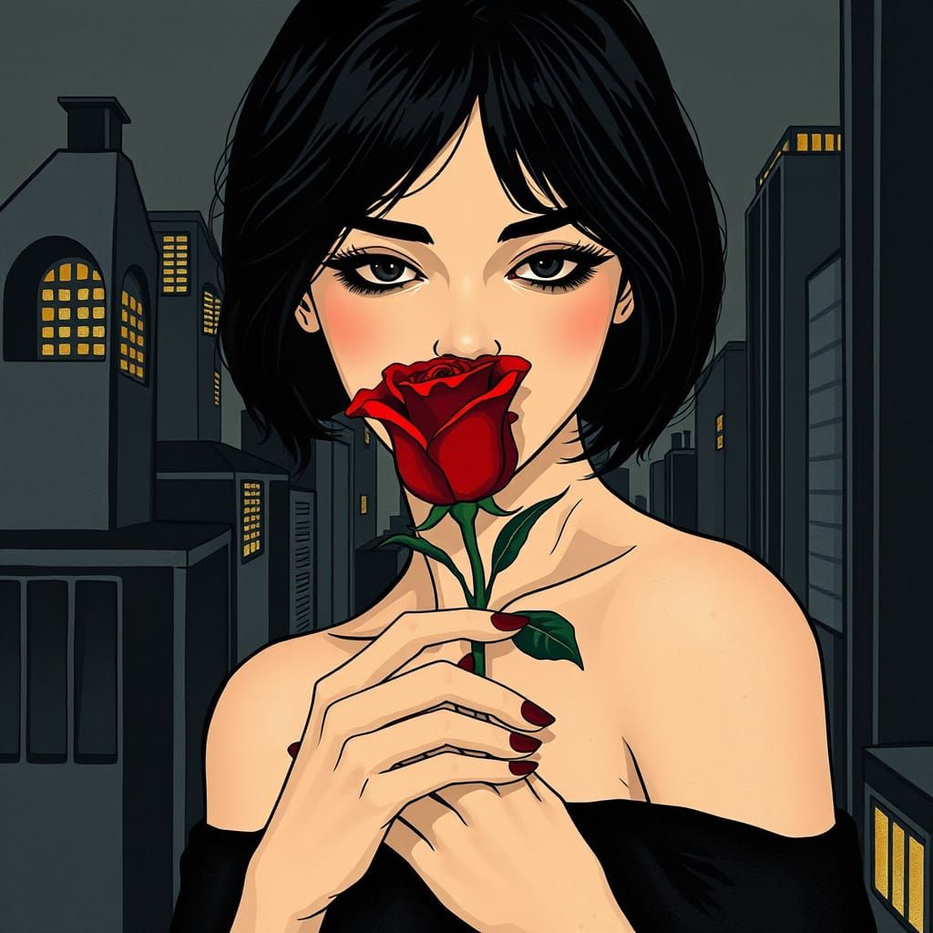 Gothic Rose in Cityscape, in Cubist Pop Art Style