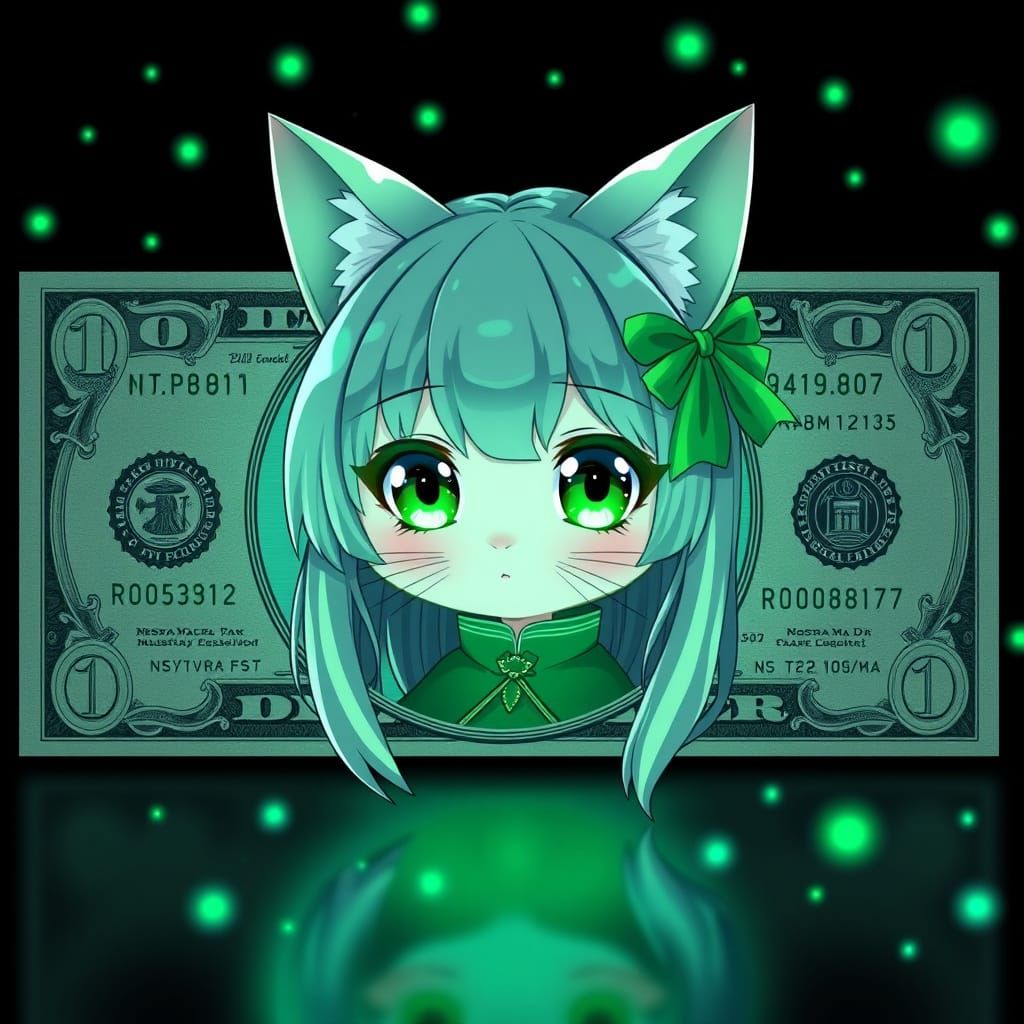 Synthwave Catgirl Dollar Bill in Green Shades