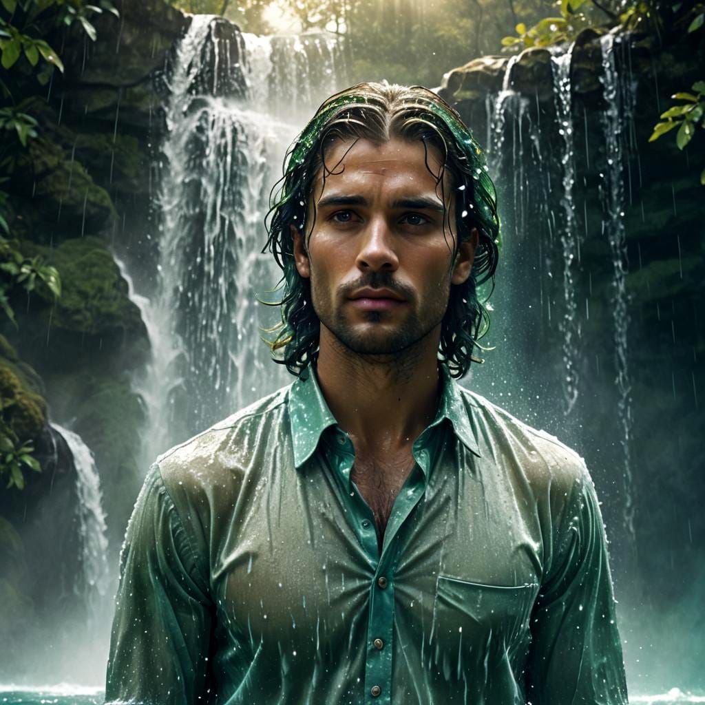 Ethereal Man Under Waterfall: Fantasy Art