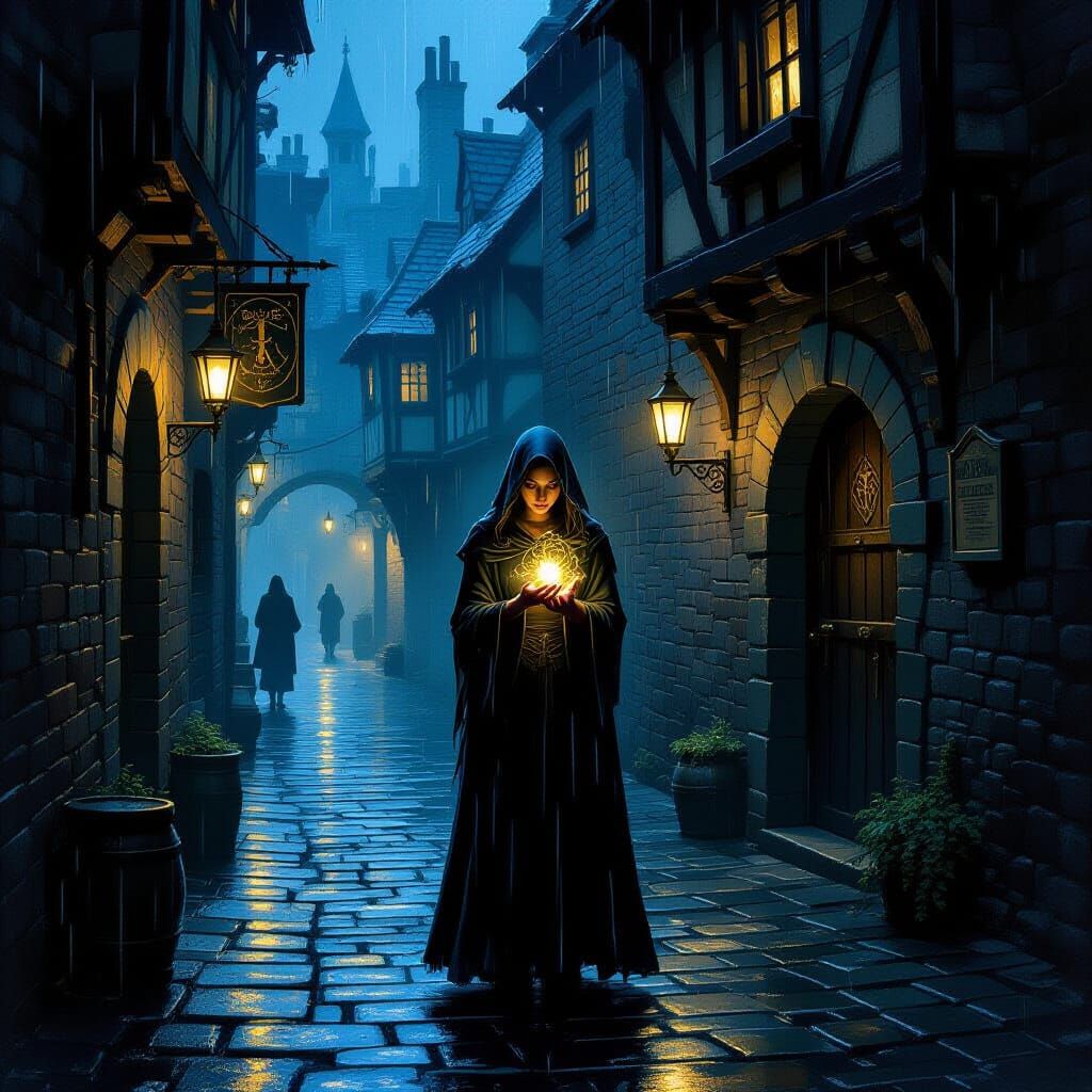 Mystical Artifact in Shadowy Alleyway - Dark Fantasy Art