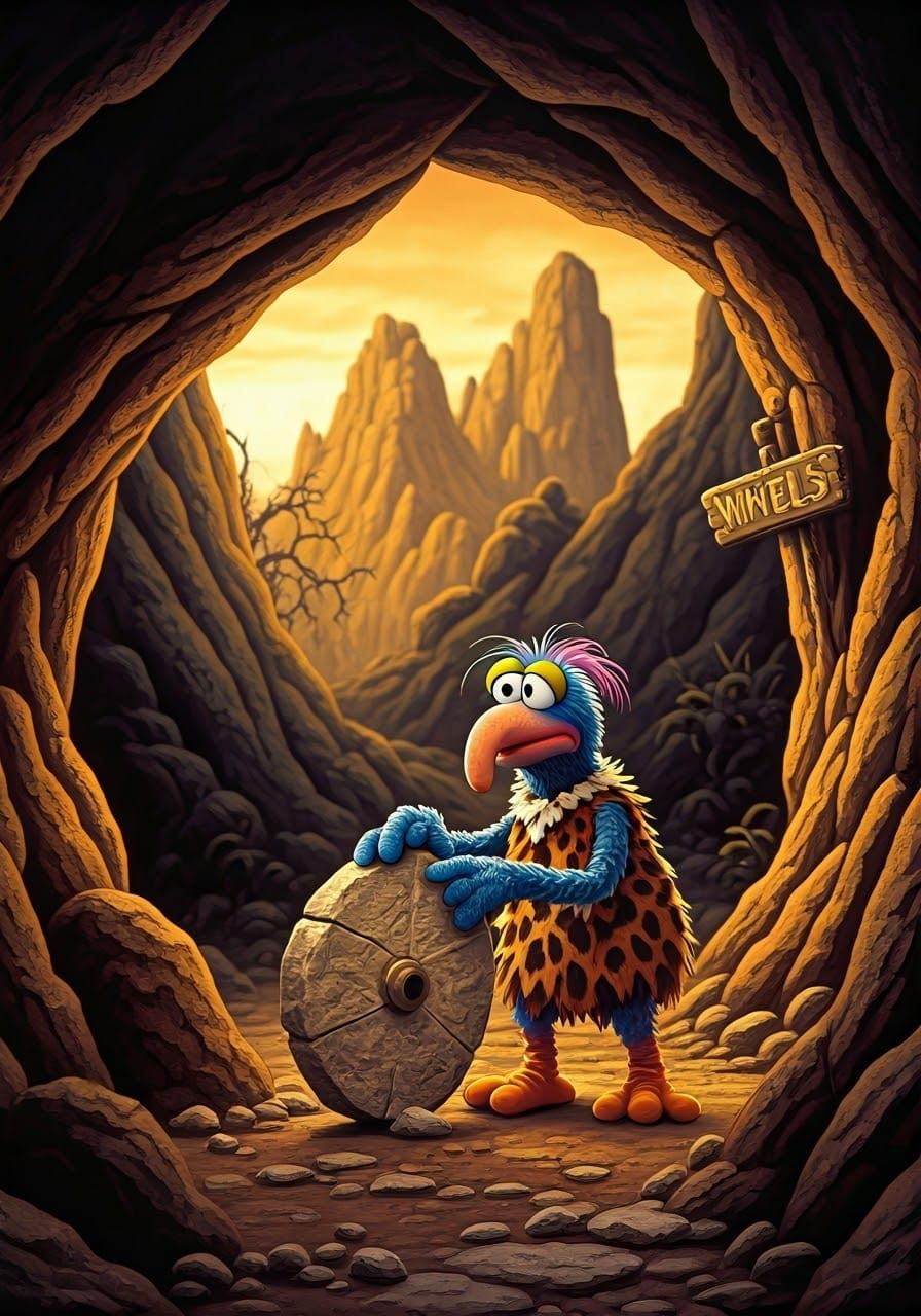 Gonzo Builds a Stone Wheel in a Prehistoric Landscape